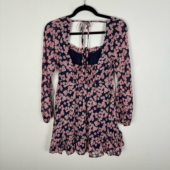 Lush NWT Floral Print Tie Front Long Sleeve Mini Dress Size S Navy Blue Pink - Picture 4 of 12